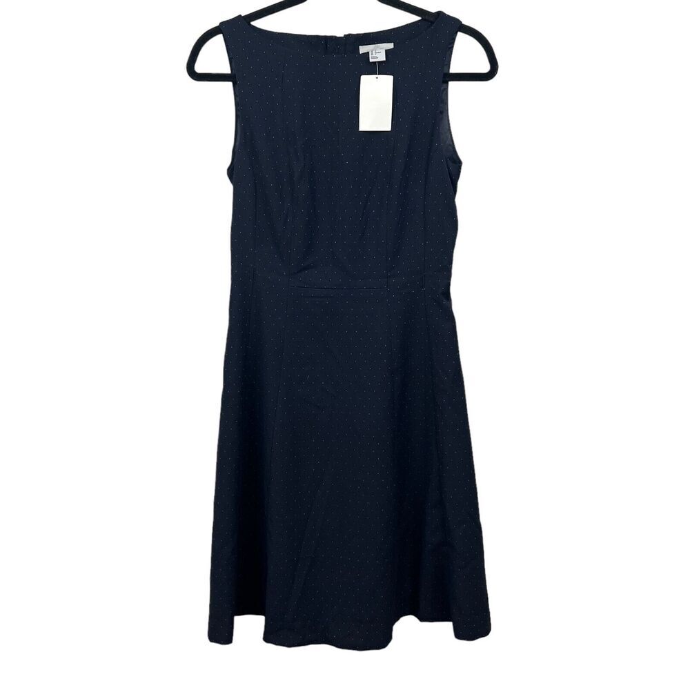 H&M Fit and Flare Dress Navy Polka Dot Sleeveless Lined Zip Up Women Size 6*